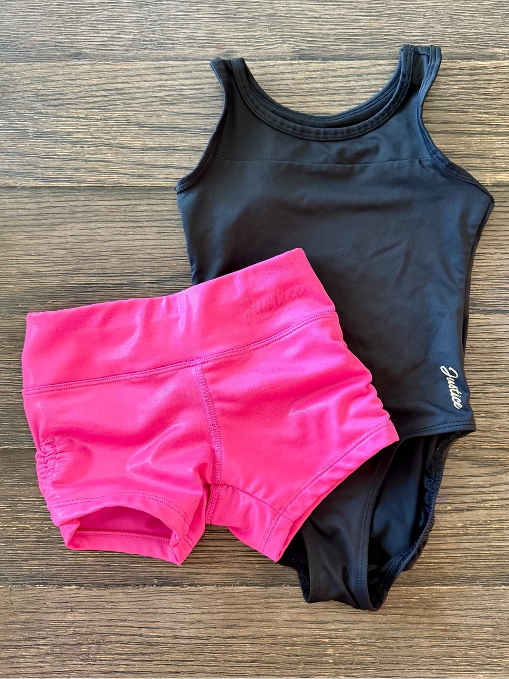 Justice Dance Leotard Shorts Girls XS 5/6 Black Keyhole Pink Outfit Gymnastics